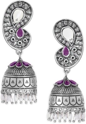 Oomph Oxidised Silver Jhumka Earrings - Silver Look Alike - Mirror, Stones Beads, Crystal Alloy Jhumki Earring