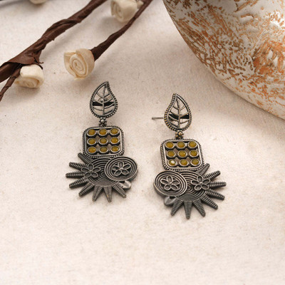 Sanseeta Pallavi- Silver Brss Oxidised Dangler Earrings (Yellow) Zircon Brass Chandbali Earring