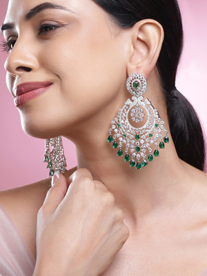 RUBANS Rhodium-Plated AD & Emerald Green CZStudded Chandelier Brass Drops & Danglers