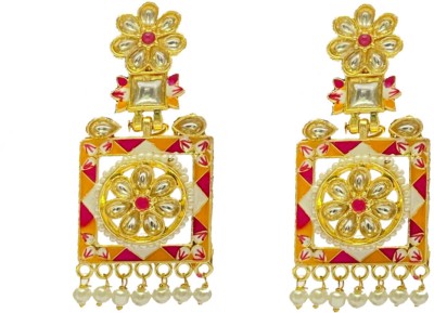 MK Jewellers Meenakari Kundan Rectangle Flower Shape Earrings Pearl Brass Drops & Danglers