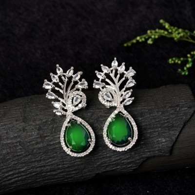 Zoey Dark Green Rhodium-Plated American Diamond Drop Earrings Cubic Zirconia Brass Stud Earring, Drops & Danglers