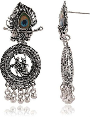 ABC Radha Krishna Oxidized Jhumka Earrings with Peacock Feather Studs Beads Alloy Drops & Danglers, Plug Earring, Jhumki Earring