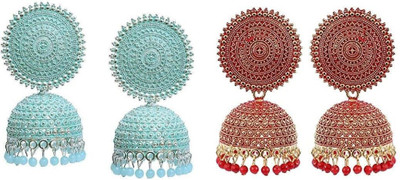 JMBW INTERNATIONAL JMBW RED/SEA GREEN BEADS ALLOY GOLD OXIDISED JHUMKI Pearl Alloy Jhumki Earring