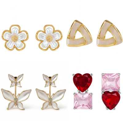 BEAUTYNX Pack Of 4 Elegant Floral & Heart Crystal Earring Alloy Stud Earring