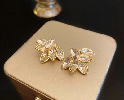 SashaJewelry Korean Gold-Platted AD Lotus Design Earring for Girls and Women Cubic Zirconia Alloy Plug Earring