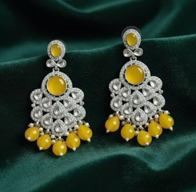pas Unique yellow silver Bead Stone Jhumka Earrings for girls & women for party wear Crystal, Cubic Zirconia, Beads, Pearl Alloy Plug Earring, Jhumki Earring, Earring Set, Drops & Danglers, Chandbali Earring