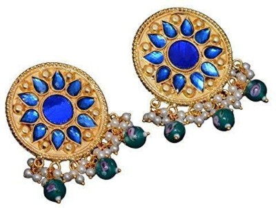 Tvayaa Art Designer Stud Earrings Mirror Gold Plated Hand Paint Jewellery (Blue) Brass Stud Earring