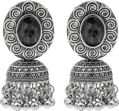 Shining Jewel Shining Jewel Antique Oxidised Silver CZ, Crystal, Ruby Studded Jhumka Pearl Brass Jhumki Earring