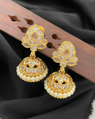 PBM CREATIONS GOLD PLATED AD STONE WEDDING JHUMKI / PEARL STUD / KUNDAN BEADS EARRING Copper Drops & Danglers, Jhumki Earring