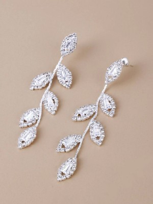 YELLOW CHIMES Silver Tone Elegant Leaf Designed Crystal Studded Linear Drop Dangler Earrings Crystal Metal Drops & Danglers