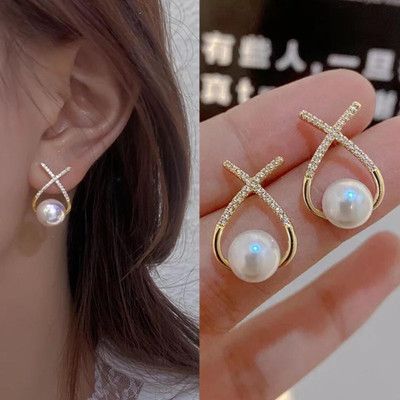 rk arts Korean Diamond Cross Pearl Stud Earrings 2 Pcs/Set Alloy Stud Earring