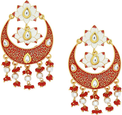 Oomph Red Meenakari Large Chandbali Drop Earrings - Lotus Design - Kundan & Pearls Beads, Crystal Alloy Chandbali Earring
