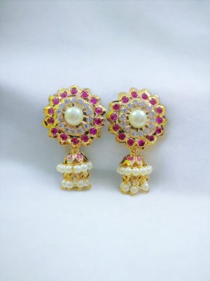 Rekha Jewellery Red White Pearl Round Design Tops With Single Layer Pearl Copper Jhumki Earring