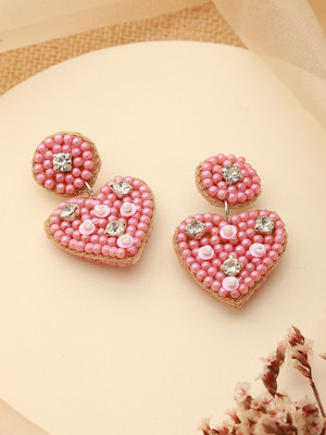 AATMANA Purple Beaded & CZ Studded Heart Shaped Contemporary Drop Earrings Beads Fabric Drops & Danglers