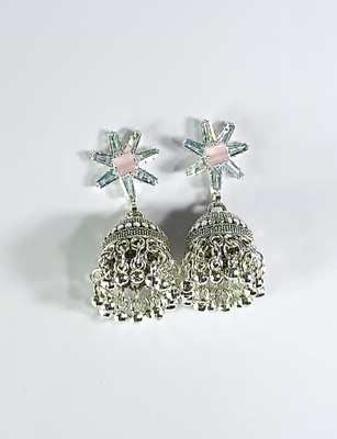 AZTAZ Star stud jhumka earrings designer tassel drop oxidised silver Alloy Chandbali Earring