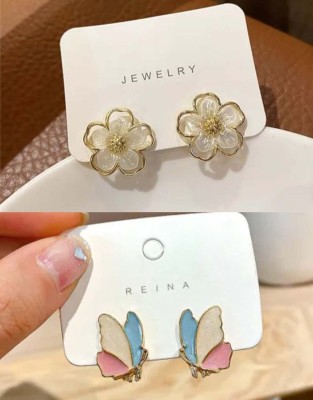 RV YUWON Combo of 2 Trendy Gold Plated Korean Design Light Weight Earrings Cubic Zirconia, Pearl, Zircon, White Zircon Alloy Stud Earring