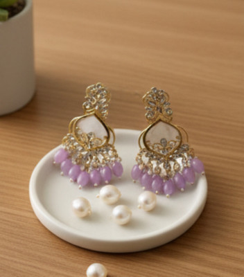 DHVANI Amethyst Drop Kundan Earrings Beads Alloy Chandbali Earring