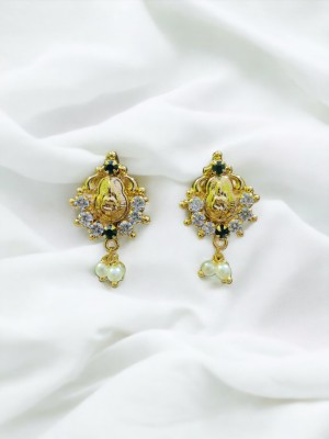 Rekha Jewellery Green White Gems Laxmi God Design Pearl Copper Stud Earring