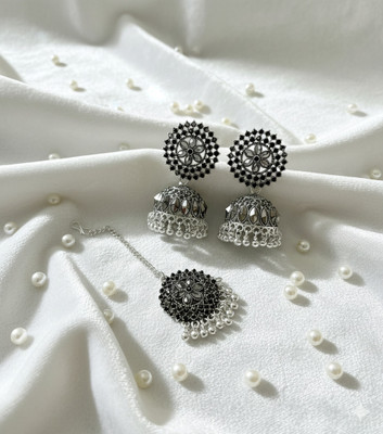 Shyneup Oxidised Silver Jhumka Earrings and Maang Tikka Set with Black Stone Accents Cubic Zirconia Alloy Jhumki Earring, Earring Set