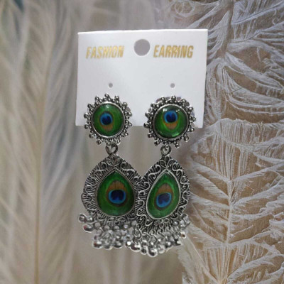 MADHVI KREATIONS MK Vintage Style Peacock Feather Drop Earrings, Silver Brass Drops & Danglers