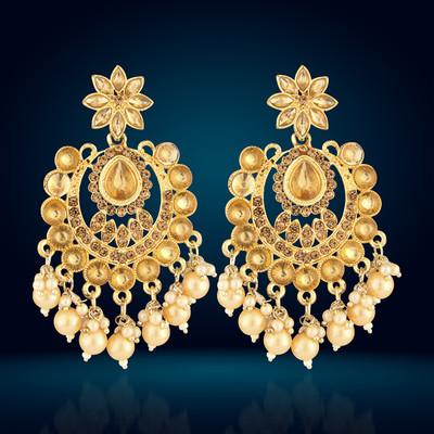 Golden Vine Antique Gold Oxidized Jhumka Earrings with Peach Pearls & Stones Metal Earring Set