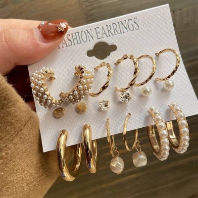 Exotique Combo 9 Pair Stunning Gold Plated Pearl Hoop Earrings Metal Stud Earring Alloy Hoop Earring, Stud Earring