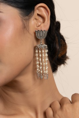 Look And Adorn Oxidized Silver Lotus Stud Pearl Chain Jhumka German Silver Stud Earring