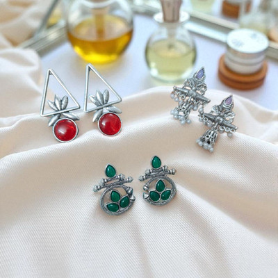 DANGAR ENTERPRISE Silver Oxidised Ethnic Stone for Women Alloy Stud Earring
