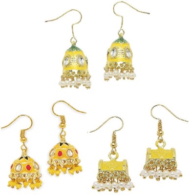 fabula Combo of 3 Yellow Meenakari Kundan & Pearls Jhumka Earrings Beads, Crystal Alloy Jhumki Earring