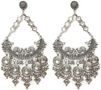 Jazzy Jewels Silver Oxidised Jewellery Kundan Work Dangle Drop Chandbali Earrings for Women Alloy Chandbali Earring