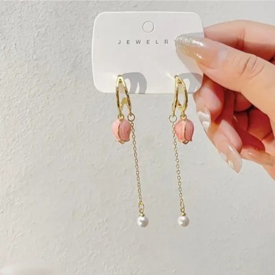 Harsu Collection Tulip Flower Pearl Tassel Earrings Cubic Zirconia Alloy Drops & Danglers