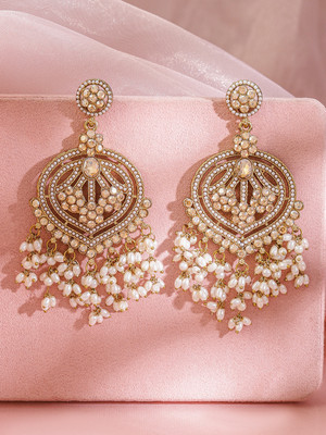 RUBANS Rubans 18K Gold-Plated Champagne Kundan Studded & Pearl Beaded Chandbali Pearl Brass Chandbali Earring