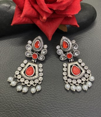 Fashion Theme Ethnic Silver Gold Plated Red Earrings Women Jhumka Pearl Brass Drops & Danglers, Jhumki Earring, Earring Set