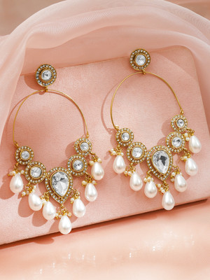 RUBANS 18K Gold-Plated Zirconia & Pearl Studded Oversized Chandelier Earrings Brass Chandbali Earring