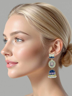 Fashion Fusion Big Size Traditional Meenakari Lotus Long Jhumka Earrings for Women & Girls Pearl Alloy Jhumki Earring