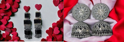 OKU COMBO OF 2 Oxidized Earrings for Women & girls (Black Mirror & White Silver) Alloy Jhumki Earring