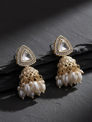 ShubhLabh Jewels ShubhLabh Jewels™ Gold-Plated Polki & Pearl Drop Jhumka Earrings Pearl, Beads Alloy, Alloy Drops & Danglers