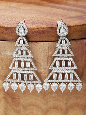 ZENEME Rhodium-Plated American Diamond Studded Triangular Shaped Drop Earrings Cubic Zirconia Brass Drops & Danglers