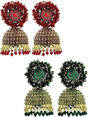 Pink Stone by Valentina Pack of 2 Gold-Toned Pearl Jhumkas | Red & Green Drop Earrings with Beads Alloy Jhumki Earring