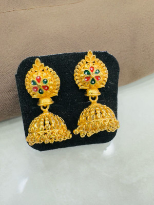 MK Gallery Red Green Floral Golden Earrings Brass Jhumki Earring