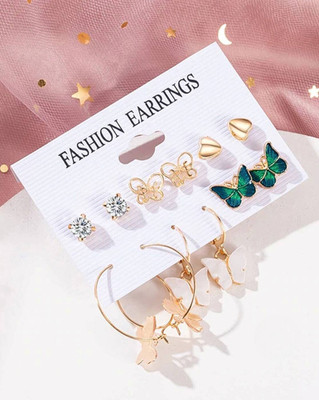 JDENTERPRISES Combo of 6 Pair Golden Heart Stone Stud/Butterfly Hoop Earrings For Women/Girls Cubic Zirconia Alloy Hoop Earring