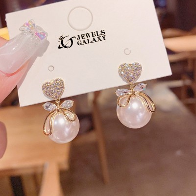 Jewels Galaxy Gold Plated Korean AD Heart themed Pearl Drop Earrings Pearl Alloy Stud Earring