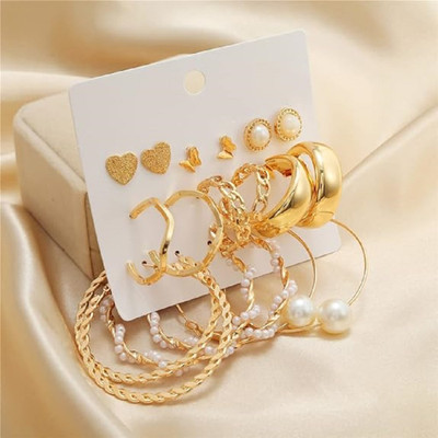TVI Combo of 9 Pair Butterfly Heart Stud / Chain Pearl Hoop Earrings For Women Pearl Alloy Hoop Earring