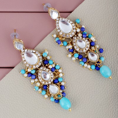 Lucky Jewellery Traditional Gold Plated Kundan Stone Firoji Blue Earrings for Girls & Women Beads Alloy Drops & Danglers