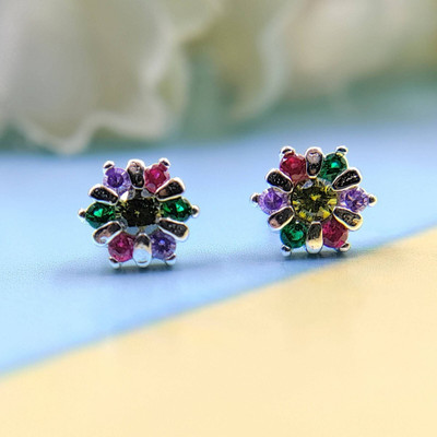 AMONROO Star Round Floral Design Studs Earrigs Stylish Colorfull CZ Studs Minimalist Cubic Zirconia Sterling Silver Stud Earring