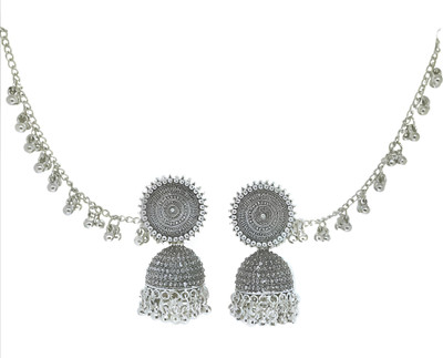 Viskon Enterprises Oxidised Silver Jhumka With Earrings with Hairpin for Women & Girls Metal Jhumki Earring, Earring Set