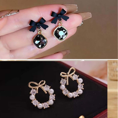 RV YUWON Korean And Western Black Bow Drop And zirrcon Bow Stud Earring (PACK OF 2) Zircon Alloy Earring Set, Stud Earring