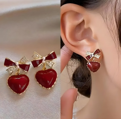 Kradhika Fashionable New Korean red heart bow cute chic earrings for women Cubic Zirconia, Zircon Alloy Drops & Danglers, Earring Set, Huggie Earring, Stud Earring, Rhinestone Studs