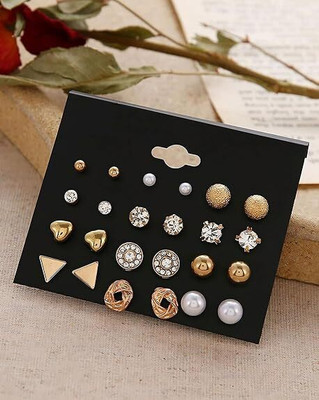 JDENTERPRISES Combo Of 12 Pair Golden Stones Pearl Stud Earrings Cubic Zirconia Alloy Stud Earring