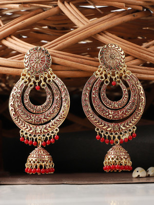 ANOUK Traditional Gold Tone Class Triangular Shape Pink Stone Earring Beads Brass Chandbali Earring
